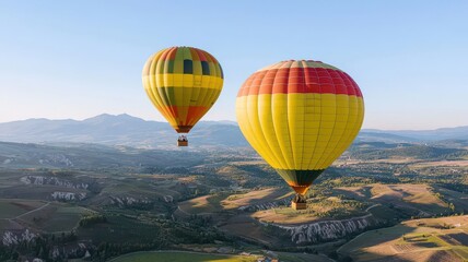 Obraz premium Couple going on a hot air balloon ride, floating above the landscape and sharing a magical moment hot air balloon, adventure, romance