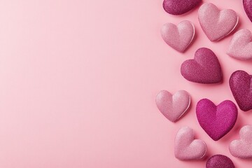 Obraz premium Pink envelope and blank form with paper pink hearts on a pink background. Valentine's Day card.Copy space. with generative ai