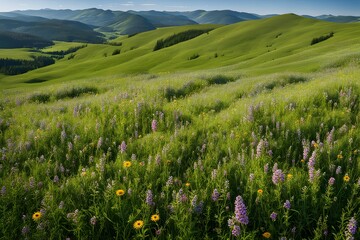 Fototapeta premium Sunny meadow with wildflowers green rolling hills in the distance, Ai Generated