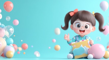 Cheerful Cartoon Child with Colorful Balloons in 3D Style