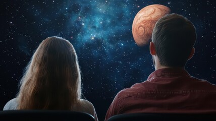 Couple visiting a planetarium, learning about the stars and planets together in a darkened theater   planetarium, stargazing, shared interest