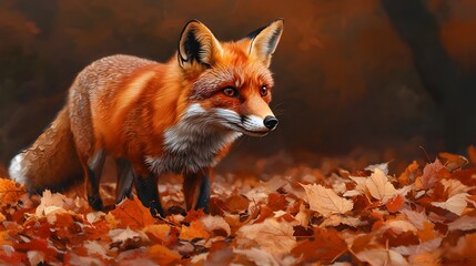 Naklejka premium A cautious fox navigating an autumnal forest with fallen leaves and warm colors