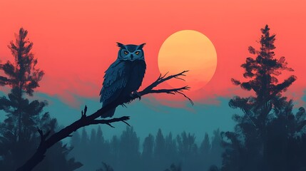 Fototapeta premium Majestic Owl Perched on Branch at Dusk in Softly Lit Forest Landscape