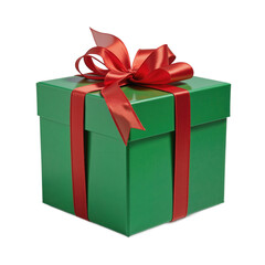 Fototapeta premium Green Gift Box with Red Ribbon, Christmas and Birthday Present Concept.