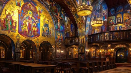 Obraz premium A beautifully decorated hall featuring vibrant religious murals and ornate lighting.