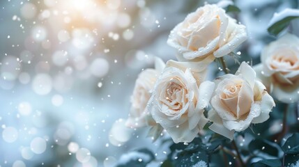 Fototapeta premium White roses with blurred snowfall background, AI generated image
