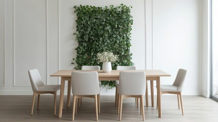 Dining room with greenery climbing a feature wall, paired with natural wooden furniture and soft linen textures   feature wall, natural wood, cozy atmosphere