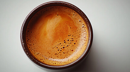 Close-up of freshly brewed coffee in a ceramic cup. Rich crema and bubbles create an inviting texture, celebrating the warmth of a comforting coffee moment