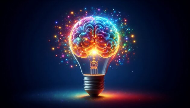 A glowing light bulb with brain as filament symbolizes creativity, innovative ideas and the invention of technology and intelligence, representing the knowledge of human thought and Power of invention