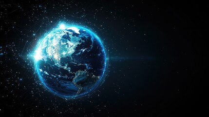 Obraz premium Abstract digital blue planet Earth with glowing connections and global network concept on a dark background, a technology wallpaper. Big data world map.