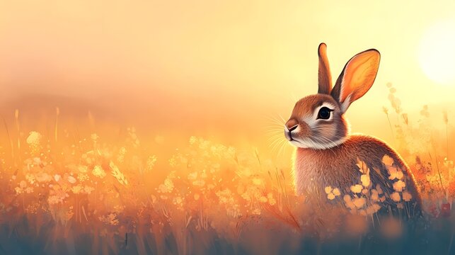 A Rabbit Hopping Through a Dewy Meadow in the Early Morning Sunrise