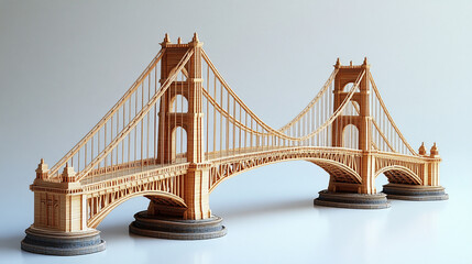 Fototapeta premium Intricate scale model of a suspension bridge in warm wood tones. Detailed craftsmanship emphasizes structure, form, and architectural aesthetics