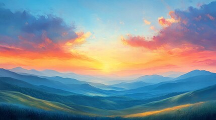 Obraz premium A stunning sunset over rolling hills, with vibrant hues of orange, pink, and blue painting the sky.