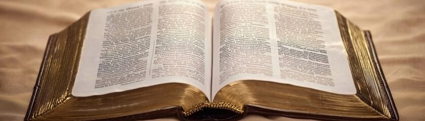 An open book with visible text, likely a religious or historical text.