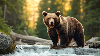 Obraz premium Majestic Bear Beside Captivating Waterfall in Lush Forest Landscape