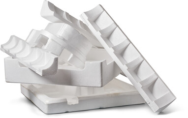 pile of styrofoam pieces used as protective product packaging isolated white background,...