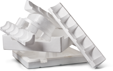 pile of styrofoam pieces used as protective product packaging isolated white background, environmental hazard discarded foam pieces, recycling or reuse concept