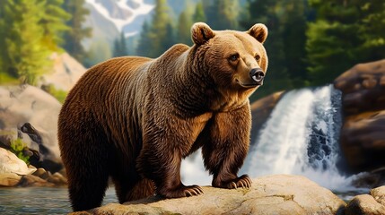 Obraz premium Majestic Bear Beside Cascading Waterfall in Verdant Forest