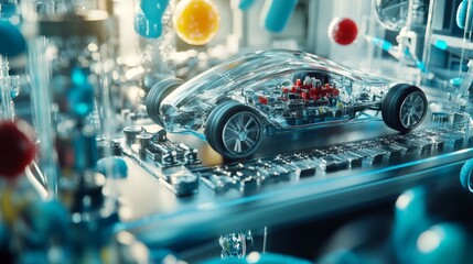 A futuristic, transparent car model is displayed amidst colorful molecular structures and circuit patterns, highlighting advanced technology and automotive design.