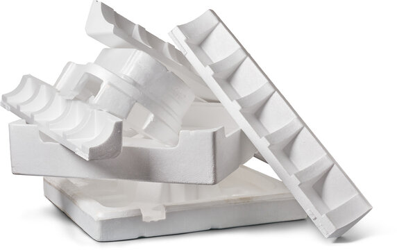 pile of styrofoam pieces used as protective product packaging isolated white background, environmental hazard discarded foam pieces, recycling or reuse concept
