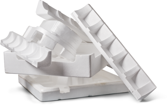 pile of styrofoam pieces used as protective product packaging isolated white background, environmental hazard discarded foam pieces, recycling or reuse concept