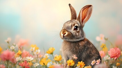 Rabbit Resting in Vibrant Wildflower Field at Forest Digital Painting