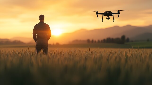 Drone engineer testing futuristic flying robots in open field during sunset