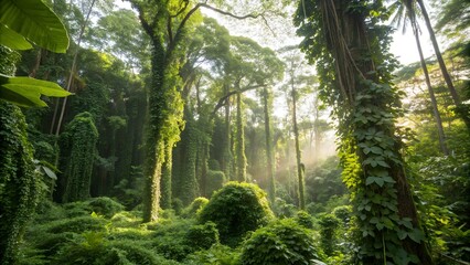 Fototapeta premium Lush Rainforest with Sunlight Filtering Through
