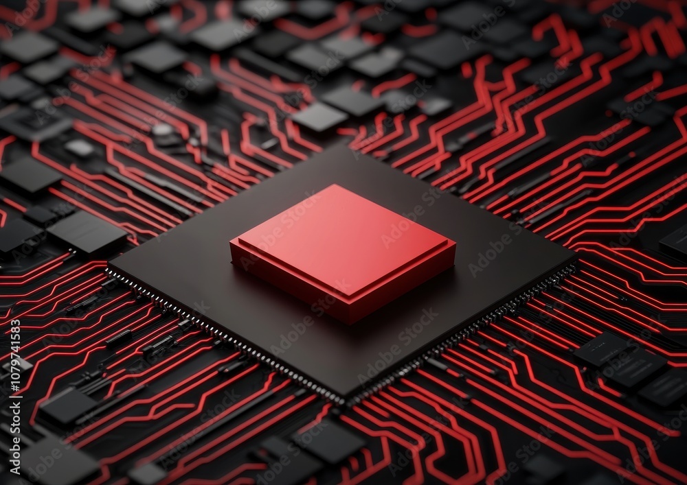 Poster a close-up of a red microchip surrounded by a network of black circuit patterns, representing advanc