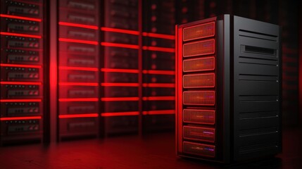 A sleek, modern server rack bathed in red light, showcasing advanced technology in a high-tech data center environment.