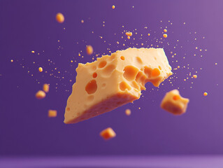 A wedge of Swiss cheese with holes, flying in the air, against a purple background with cheese particles falling around it.