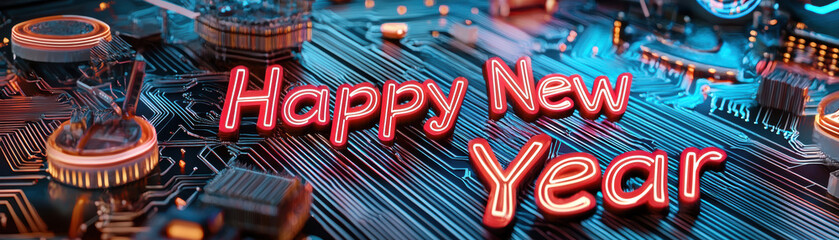 Happy New Year text on vibrant circuit board background, showcasing blend of technology and celebration. design features glowing elements and intricate details, creating festive atmosphere