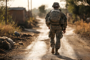 Young soldier walking to his house with luggage.  American serviceman coming back home after serving in the military.