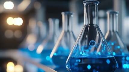 A close-up of laboratory flasks filled with vibrant blue liquid, illuminated by soft lighting, creating a scientific and experimental atmosphere.