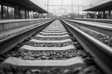 Fototapeta premium Train tracks leading into the distance at a train station.