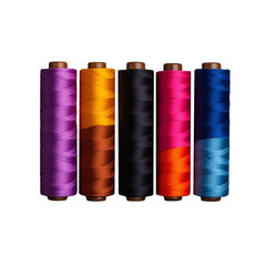 Colorful spools of thread on transparent background display