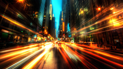 Fototapeta premium Time-lapse image of traffic lights flowing through a city street at night 