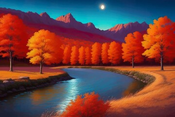 Beautiful and Peaceful Nature Scenery Illustration Landscape Countryside Tranquil Vibrant and Colorful