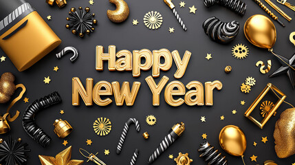 Happy New Year celebration design with golden decorations, balloons, and festive elements creating joyful atmosphere. Perfect for party invitations and decorations