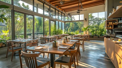 Fototapeta premium A solar-powered sustainable restaurant where all kitchen operations are powered by solar energy, promoting green dining and eco-friendly food practices.