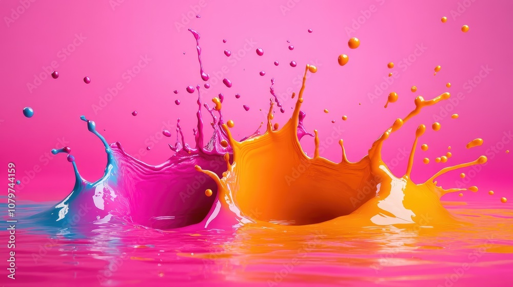 Poster a 3d illustration of colorful liquid splashes against a bright pink background, creating an exciting