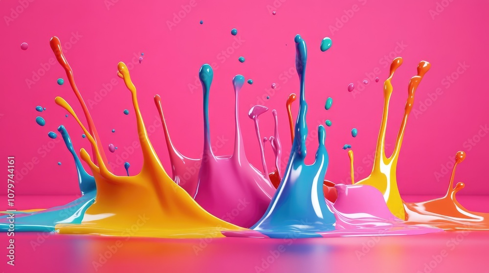Poster a 3d illustration of colorful liquid splashes against a bright pink background, creating an exciting