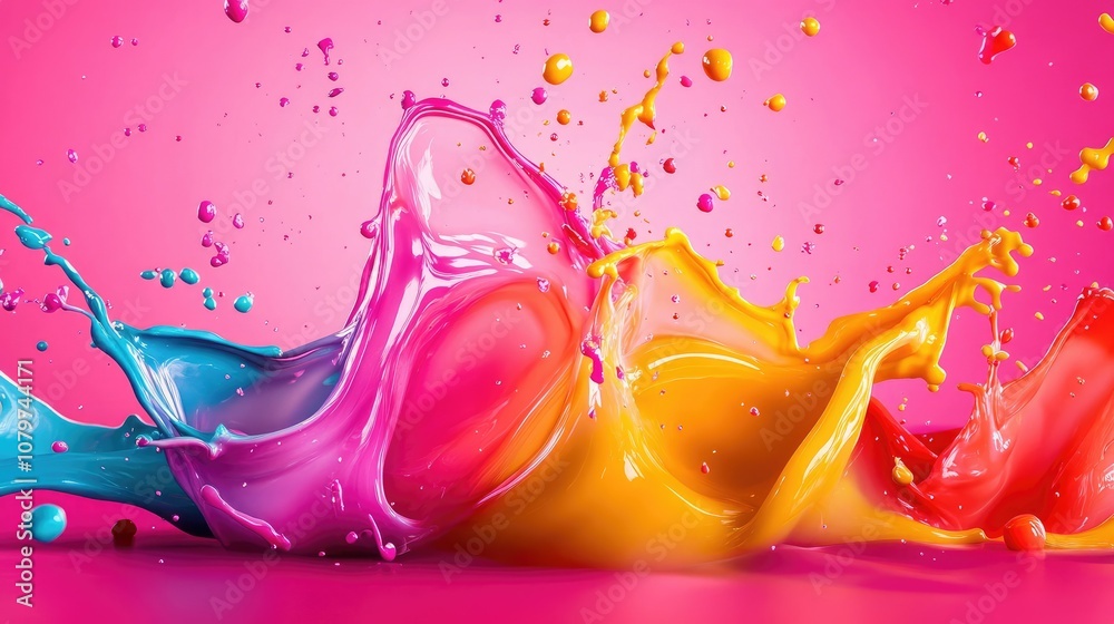 Poster a 3d illustration of colorful liquid splashes against a bright pink background, creating an exciting