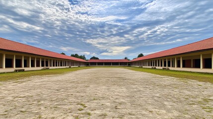 Fototapeta premium A spacious courtyard surrounded by buildings under a cloudy sky.