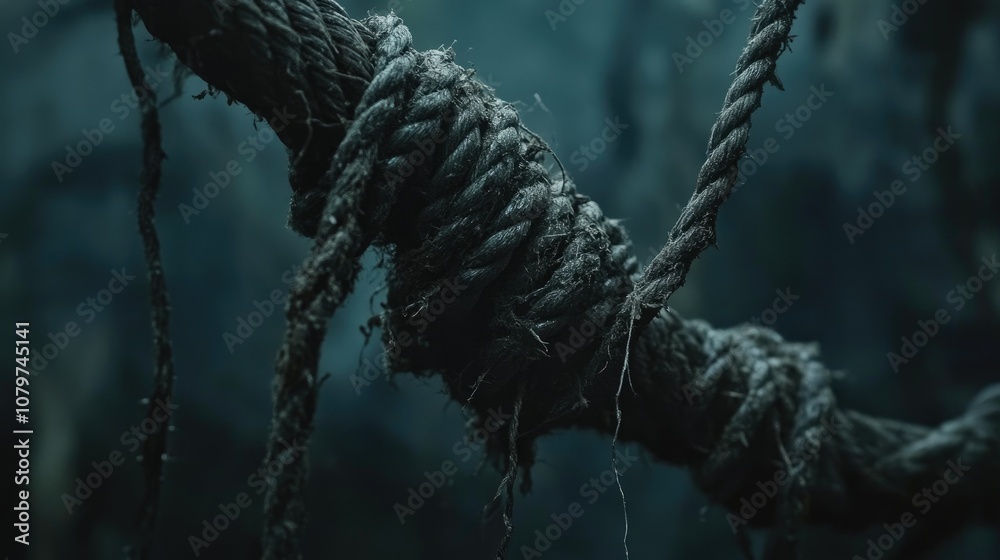 Poster a close-up of an old, frayed rope with strands coming apart, set against a moody dark background for