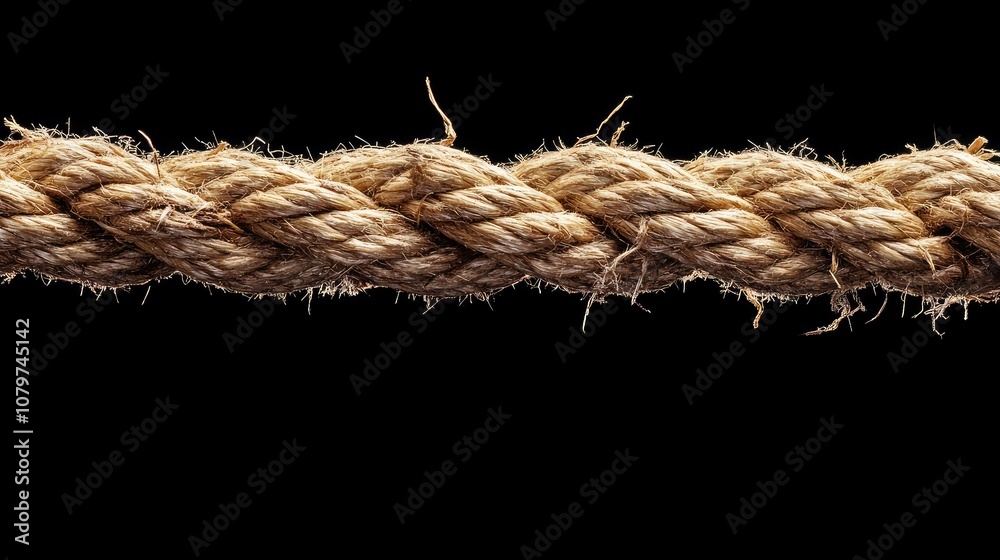 Poster a close-up of a thick, frayed rope lying against a dark background, highlighting its intricate frayi