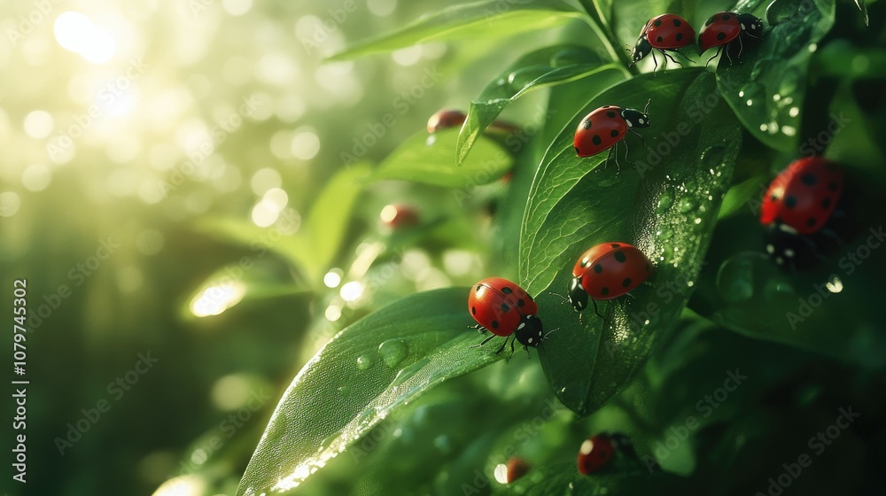 Poster a cluster of ladybugs scattered across a fresh green leaf in a lush garden, with soft sunlight creat
