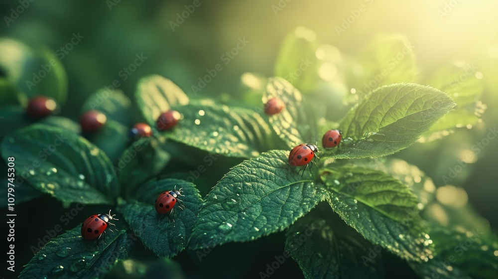 Poster a cluster of ladybugs scattered across a fresh green leaf in a lush garden, with soft sunlight creat