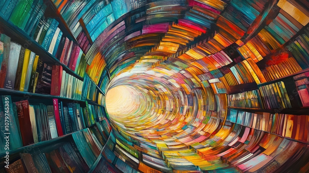 Poster a colorful abstract bookshelf curving inward, the books arranged to form a surreal tunnel effect, ev