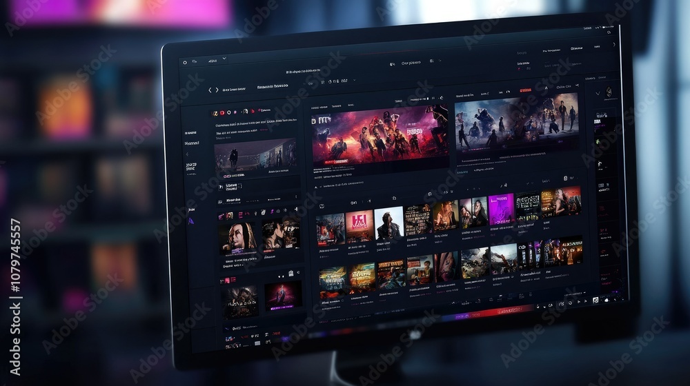 Poster a computer screen with a video hosting platform interface, showing categories of movies, tv shows, a